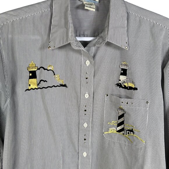Las Olas Women Shirt L Lighthouse Embroidered Rhinestones Striped Nautical Artsy - Picture 1 of 16